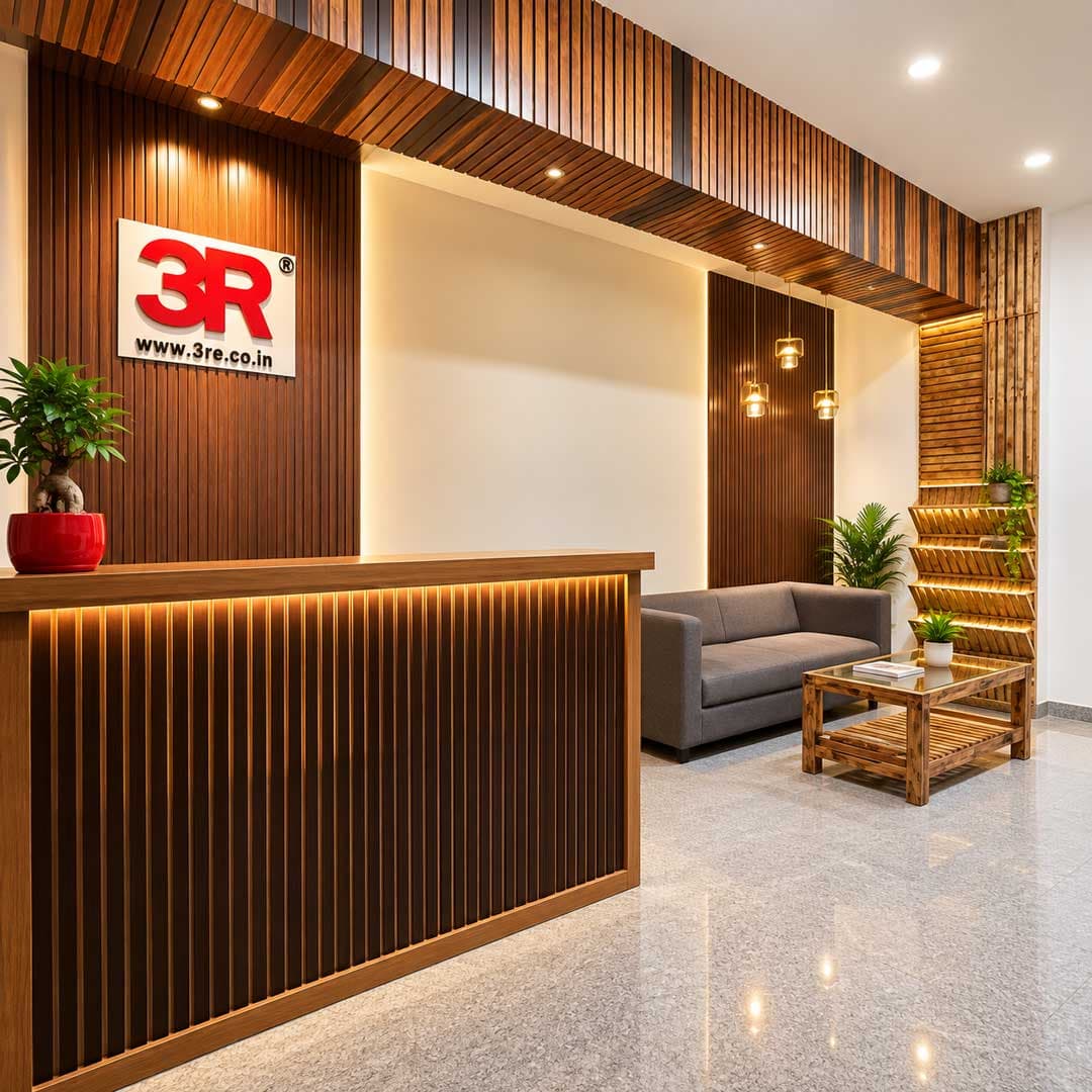3RE reception area, with the company sign above the front desk
